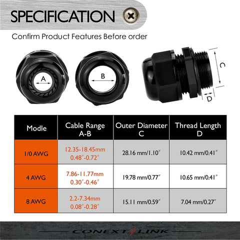 Specification chart for 5 Pack Beefy Waterproof IP68 Nylon Firewall Bushing Grommet Cable Gland Joint Locknut Protectors for power cables.