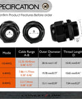 5 Pack Waterproof IP68 Nylon Firewall Bushing Grommet Cable Gland Joint With Adjustable Locknut Protectors size chart