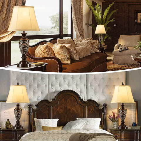 Farmhouse Table Lamp Set Of 2 With 3 Way Dimming Vintage Bedside Lamps With USB Ports And Included LED Bulbs For Bedroom Or Living Room End Tables No Fuss USB Charging For Cabin Decor displayed in elegant living room and bedroom settings.