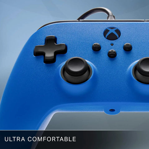 Close-up of the Officially Licensed Symmetric Wired Xbox Controller in Blue, showing inline thumbsticks and ergonomic grip.