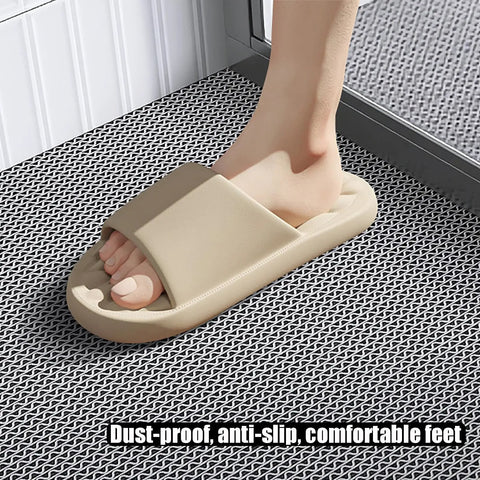 Heavy Duty Non Slip Poolside Floor Mat, Fast Drain Bathroom Anti Fatigue Tile With Wave Channels, showing beige slide on mat.