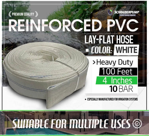 Heavy Duty 4 Inch Fire Hose 100 Ft Roll White With Red Or Blue Stripe 100 Percent Polyurethane Clothlike Construction Lightweight Odorless Not PVC High Bursting Pressure Up To 435 Psi Ten Bar One Forty Five Psi Rating For Fast Fire Response, image showing a white reinforced lay-flat hose coiled for display.