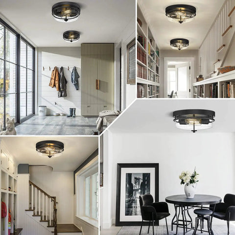 Rustic Seeded Glass Shade Black Flush Mount Ceiling Light 2 Light Fixture in modern farmhouse settings.