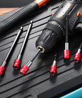 Six Piece Magnetic Drill Bit Extension And Screwdriver Bit Holder Set For Impact Drivers And Drills, 1/4 Inch Hex Shank, red accents