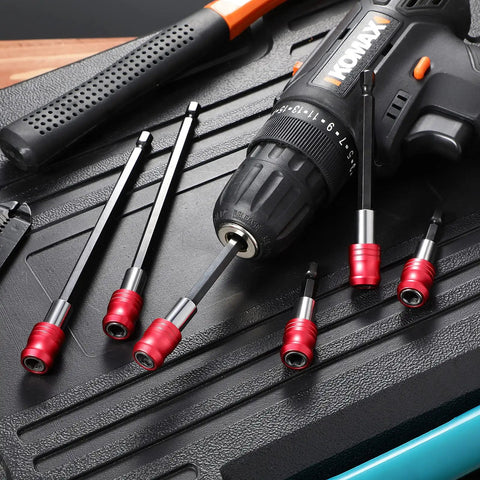Six Piece Magnetic Drill Bit Extension And Screwdriver Bit Holder Set For Impact Drivers And Drills, 1/4 Inch Hex Shank, red accents