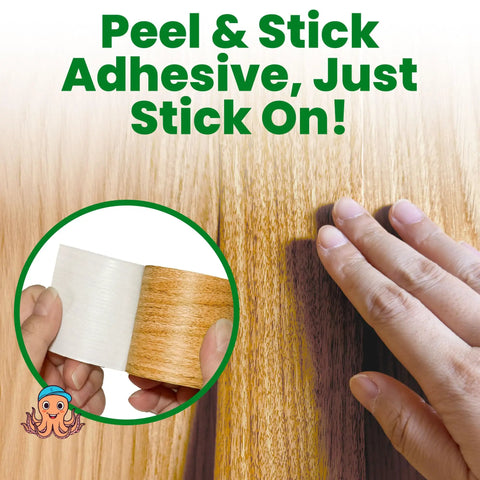 Dark Walnut Wood Grain Repair Tape Slaps Those Nasty Furniture Scratches Dead Flat Instantly With This Heckin Simple Self Adhesive Vinyl Sticker Fix For Cabinets And Tables being applied to a wooden surface.