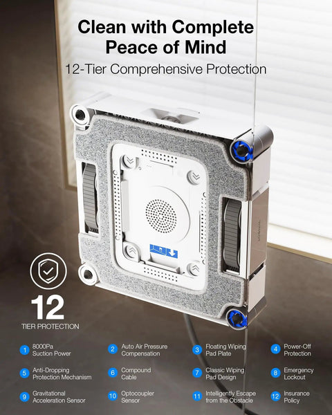 Side view of W3 Omni Robot Window Cleaner with Auto Clean Station featuring 12-tier protection and smart navigation.