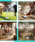 Standing Misting System with fillable base cooling pets, livestock, and gardens in outdoor settings, 26.2ft water line, stable design.