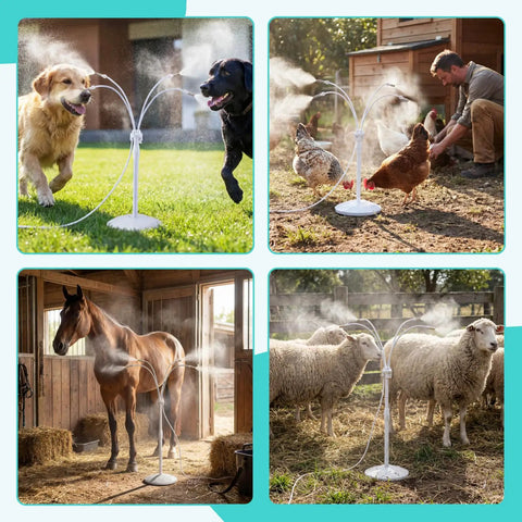 Standing Misting System with fillable base cooling pets, livestock, and gardens in outdoor settings, 26.2ft water line, stable design.