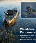 3-Blade Trolling Motor Propeller Replacement For MGA089B on kayak, showing high-thrust, shallow-water performance and accessories.