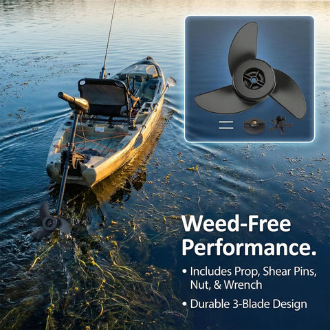 3-Blade Trolling Motor Propeller Replacement For MGA089B on kayak, showing high-thrust, shallow-water performance and accessories.