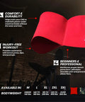 Bench Press Assist Strap With Level 3 Tension Red Powerlifting Gear Lets You Press 10 To 15 Percent More Weight Reduces Shoulder Strain Improves Form For Heavy Lifts And Gains Big, shown in a gym setting with size options listed for different bodyweights.