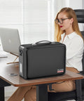 Fireproof Document Box With Lock And Shoulder Strap on a desk, hard shell case file organizer with accordion folders visible in an office.
