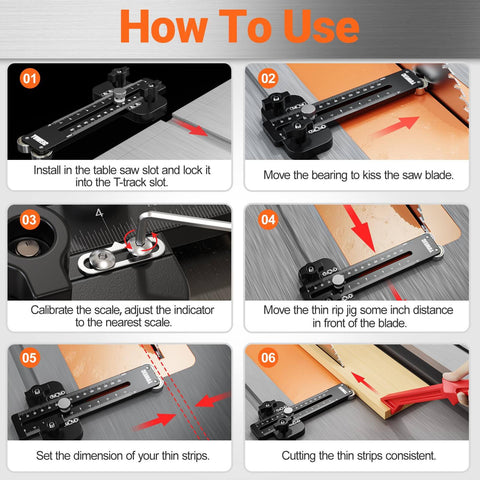 Instructional guide showing how to use Thin Rip Table Saw Jig With Push Block And Dual Pulleys For Precision Repeatable Narrow Strip Cuts Fits 3/8 X 3/4 In T Slots And 1/4 X 3/8 In T Slots Compatible With Most Table Saws Router Tables And Band Saws