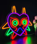 Majoras Mask LED Neon Sign for Gaming Room Decor and Zelda Fans Wall Light showing multicolor glow, acrylic and silicone build