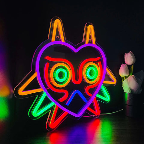 Majoras Mask LED Neon Sign for Gaming Room Decor and Zelda Fans Wall Light showing multicolor glow, acrylic and silicone build