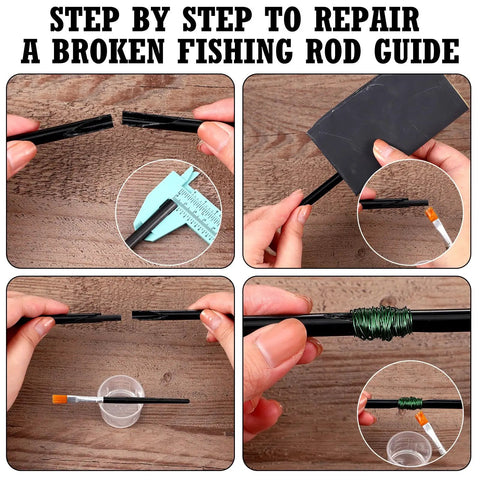Step by step use of All In One Fishing Rod Repair Kit With Stepless, Speed Adjustable Wrapping Winder for rod guide repair.