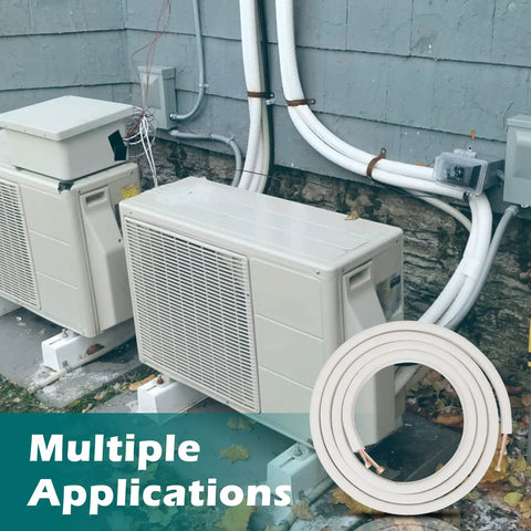Mini Split Line Set Kit With 25 Ft Copper Lines One Quarter Inch And Three Eighth Inch Outer Diameter shown with HVAC units