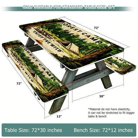 3 Piece Fitted Picnic Table Cover Set for Outdoor 6ft Tables and Benches, waterproof, with forest camp design, fits 30x72 table and 12in benches.