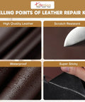 Close-up of Leather Repair Patch Kit Self Adhesive 17x79 Inch showing high quality, scratch resistance, waterproof, and super sticky features.