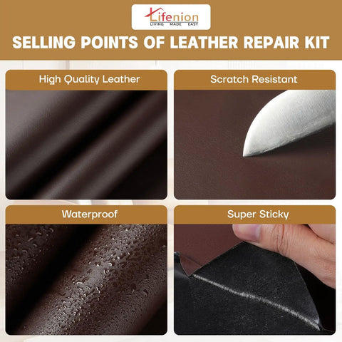 Close-up of Leather Repair Patch Kit Self Adhesive 17x79 Inch showing high quality, scratch resistance, waterproof, and super sticky features.