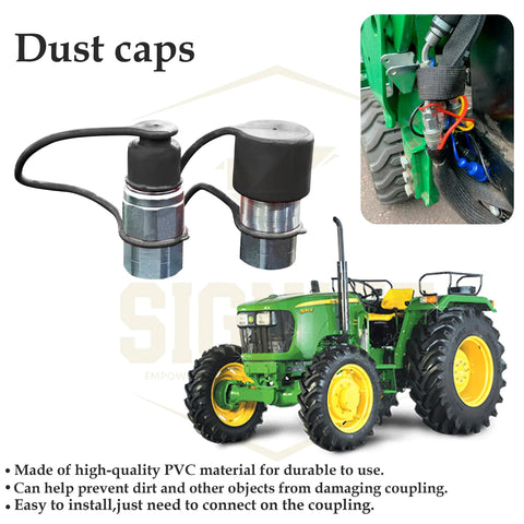 Dust caps for ISO 16028 hydraulic quick-disconnects; set of two black PVC caps with metal bases (front view).