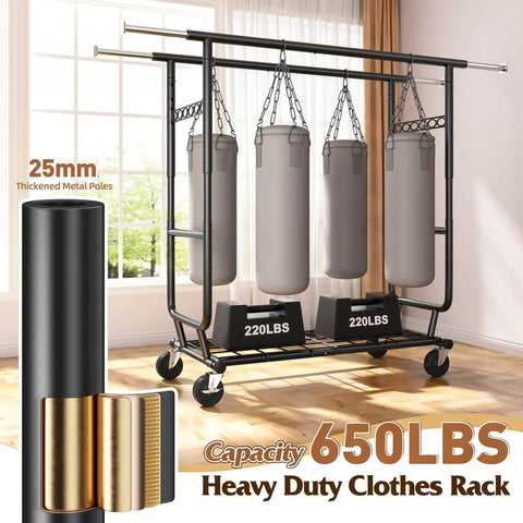 Rock Solid Heavy Duty Clothing Rack Featuring Double Hanging Rods And Commercial Grade Stainless Construction Built Tough For Master Bedroom Or Boutique Display Rooms