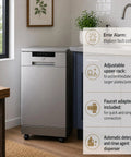 Sick 18 Inch Portable Dishwasher With Energy Star Certified Savings And Genuine Stainless Steel Interior Featuring Six Heavy Duty Wash Cycles Plus Smooth Delay Timer Setup For Your Home in a kitchen corner.