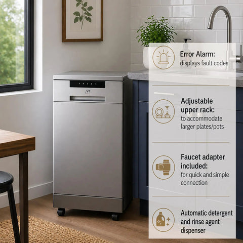 Sick 18 Inch Portable Dishwasher With Energy Star Certified Savings And Genuine Stainless Steel Interior Featuring Six Heavy Duty Wash Cycles Plus Smooth Delay Timer Setup For Your Home in a kitchen corner.
