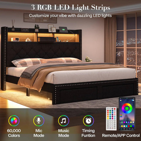 Modern Queen Bed Frame With Hidden Storage Drawers Led Lights And Usb Charging Port Linen Upholstered Platform Base with RGB lights
