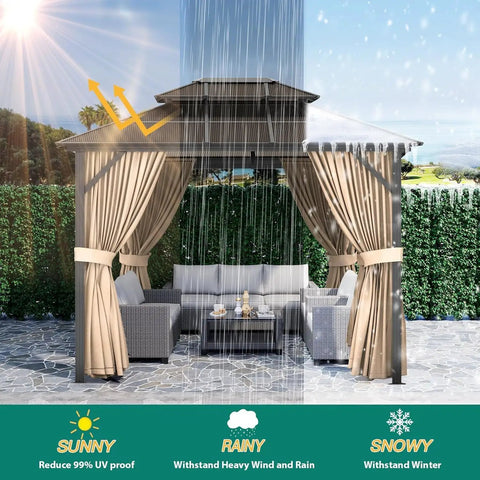 13X10 Ft Hardtop Gazebo With All Weather Aluminum Frame And Double Polycarbonate Roof, Netting And Curtains, Garden