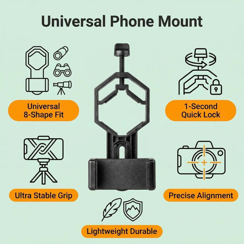 Smartphone Telescope Adapter With Quick Lock Mount features and benefits, including universal fit and 1-second quick lock.