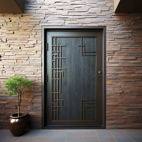 Modern exterior door with decorative metal design next to a potted plant on a stone wall background.
