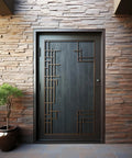 Modern exterior door with decorative metal design installed using Matte Black Door Hinges 4x4 Inch With 5/8 Radius Corners 12 Pack Includes 96 Screws For Interior And Exterior Doors, Heavy Duty Steel, Easy Install, Recommended 3 Hinges Per Door