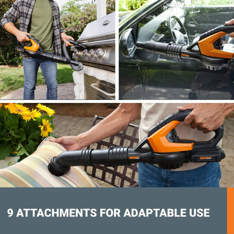 Cordless Leaf Blower For Fast Lawn Cleanup With 120 MPH Air Lightweight Three And A Half Pound Powerhouse Long Nozzle WG5451 in use
