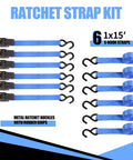 Beefy 1 Inch By 15 Foot Ratchet Tie Down Straps 1500 Lbs Break Strength 500 Lbs Working Load 6 Pack displayed with hooks