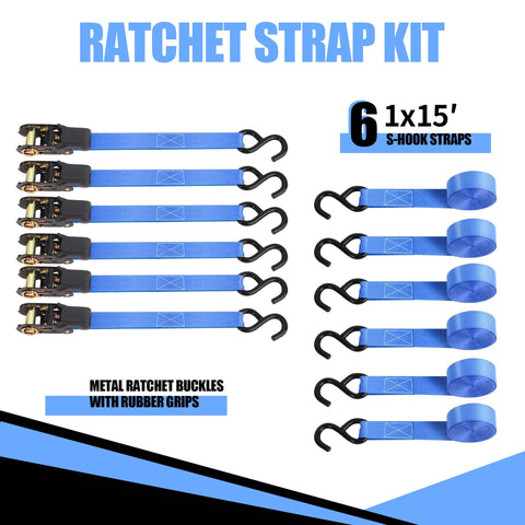 Beefy 1 Inch By 15 Foot Ratchet Tie Down Straps 1500 Lbs Break Strength 500 Lbs Working Load 6 Pack displayed with hooks