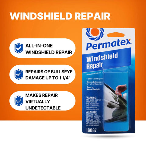 Bullseye Windshield Repair Kit With 0.025 Oz Syringe For Quick, No Mixing One-Component Fix That Cures In Sunlight Up To 1 1/4 Inches On Laminated Auto Glass Great For DIY Repairs With Fast Cure And Minimal Mess packaging with product features displayed.