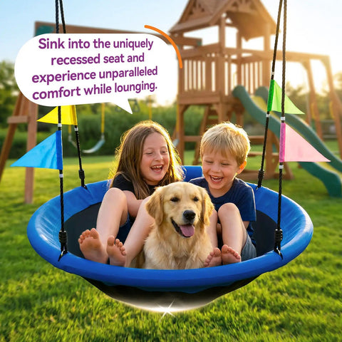 Two children and a dog sitting on Blue 48 Inch Saucer Tree Swing With Straps, Heavy Duty 600 Lb Weight Capacity, Outdoor Backyard Playground