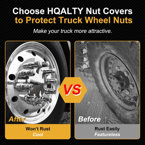 Before and after of truck wheels with 33mm Lug Nut Covers Bullet Flanged ABS Chrome Plastic Push On Nut Cover Caps For Semi Trucks 60 Pack Rust Resistant Finish Protects Nuts And Wheels While Looking Fresh and rusted wheels without covers.
