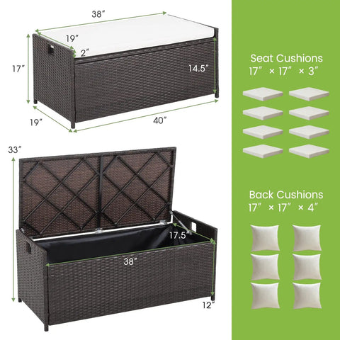 Outdoor 34 Gallon Storage Bench With Seat Cushion And Waterproof Liner, Wicker Brown Deck Box With Side Handles, Weatherproof