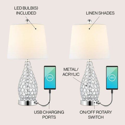 Midcentury Modern LED Table Lamp Set Of 2 With USB Charging Port Gourd Clear And Chrome Finish Iron Frame Linen Shade 22.25 Inch LED Bulbs Included Lit Nightstand Lamps with linen shades