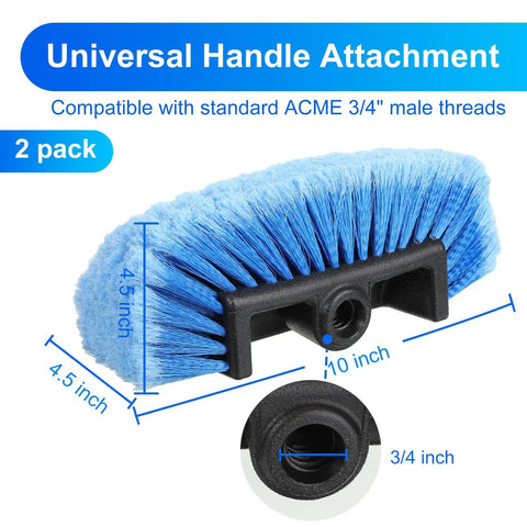 Two Pack Car Wash Brush Heads With Soft Detailing Bristles For Exterior Cleaning Of Auto Truck RV Boat Camper And More Flow Through Design Reaches Every Nook Gentle On Paint Safe On Wheels 10 Inch Blue, 3/4 inch threaded