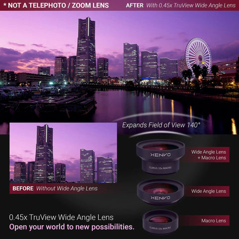 Urban skyline before and after using 0.45x TruView lens; part of Universal Smartphone Lens Kit With Wide Angle And Fifteen Times Macro Lenses LED Light Clip And Travel Case For iPhone Android And More Dope Pro Quality Photos On The Go.