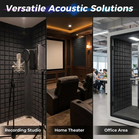 4 Pack Full Size 48X24 Acoustic Foam Panels Soundproof Wall Tiles in recording studio, home theater, and office area.