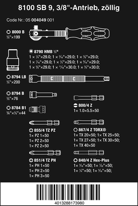 Zyklop Speed Ratchet Set 3/8 Inch Drive Imperial, 29-Piece, diagram showing tool types and specifications, black background