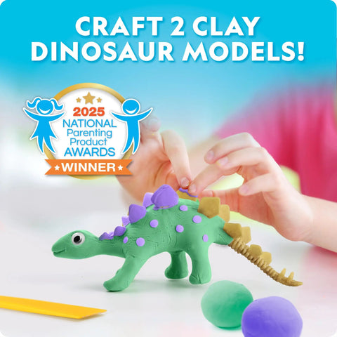 Crafting clay dinosaur model from Dinosaur Egg Activity Kit With Fifteen Plus Dino Crafts Paint And Race Pull Back Cars Clay Models Dig Brick Stickers And Learning Guide For Boys And Girls