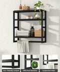 Over The Toilet Storage Bathroom Shelves Wall Mounted 3 Tier Black Rack displaying towels and toiletries on a wall.