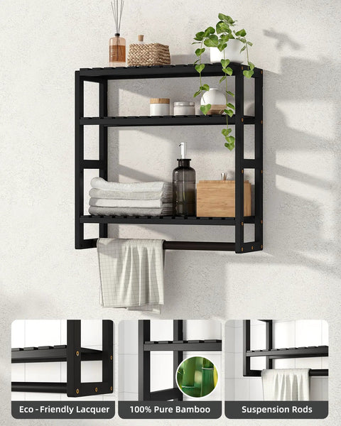 Over The Toilet Storage Bathroom Shelves Wall Mounted 3 Tier Black Rack displaying towels and toiletries on a wall.