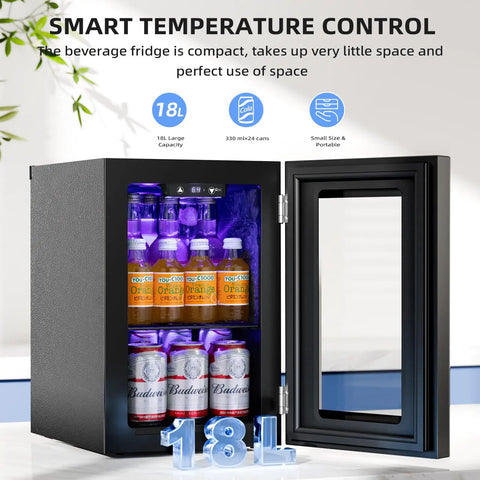 Open Compact 18L Beverage Cooler Fridge Keeps Drinks Ice Cold, 24 Can Mini Fridge With Quiet Compressor displaying drinks